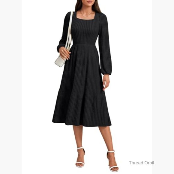 Long Sleeve Ribbed Knit Sweater Dress, Square Neck Tiered A-Line Fall Winter - Picture 3 of 6